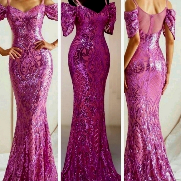 Violet Purple Contrast Mesh and Sequined , Spaghetti Strap, Mermaid Ma… - Picture 1 of 15